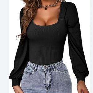 NWOT SHEIN Black Long Sleeve Puff Top Blouse Women’s Size Small